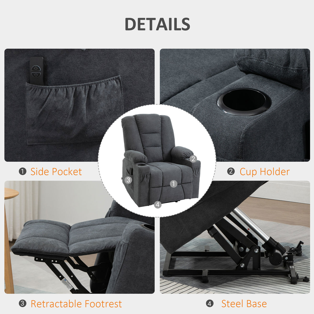 HOMCOM Electric Riser Recliner Armchair， Oversized Chair with Cup Holder & Side Pockets for Elderly in Living Room, Charcoal Grey