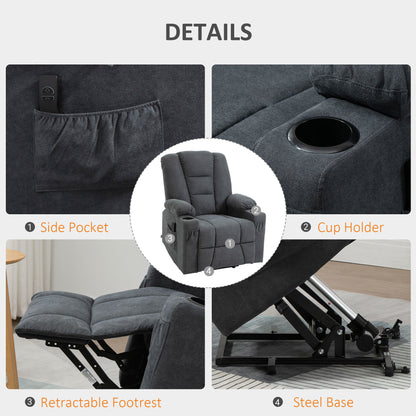 HOMCOM Electric Riser Recliner Armchair， Oversized Chair with Cup Holder & Side Pockets for Elderly in Living Room, Charcoal Grey