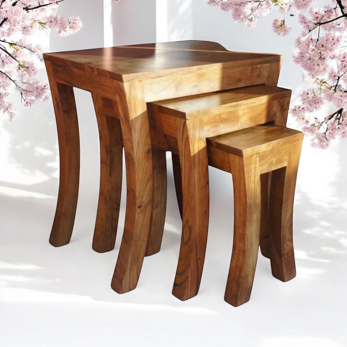 AcaciaHome Durable and Stylish 45CM Set of 3 Nesting Tables - Compact, Sturdy, and Elegant Wood Design for Space-Saving Solutions - Perfect for Living Rooms, Bedrooms, and Offices (50CM)