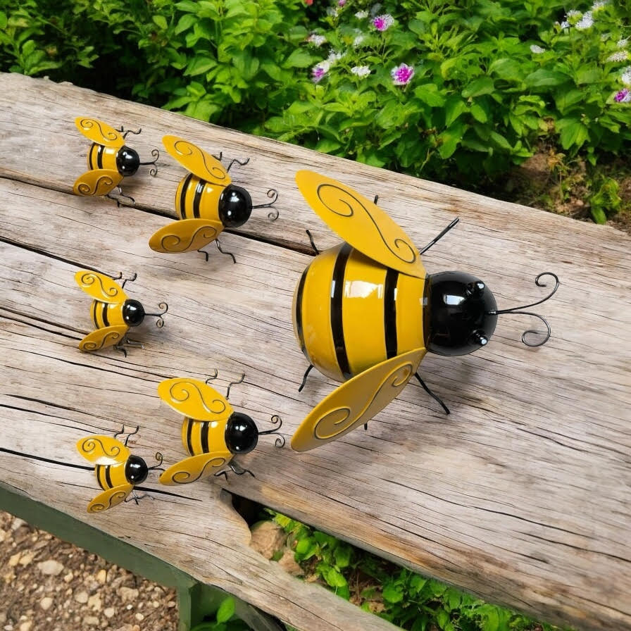 AcaciaHome Stylish Metal Bumble Bee Garden Wall Art Set of 6, Weatherproof Outdoor Honey Bee Hanging Decorations, Rust Resistant Glossy Yellow Metal Decor for Fence, Patio, Porch, Balcony