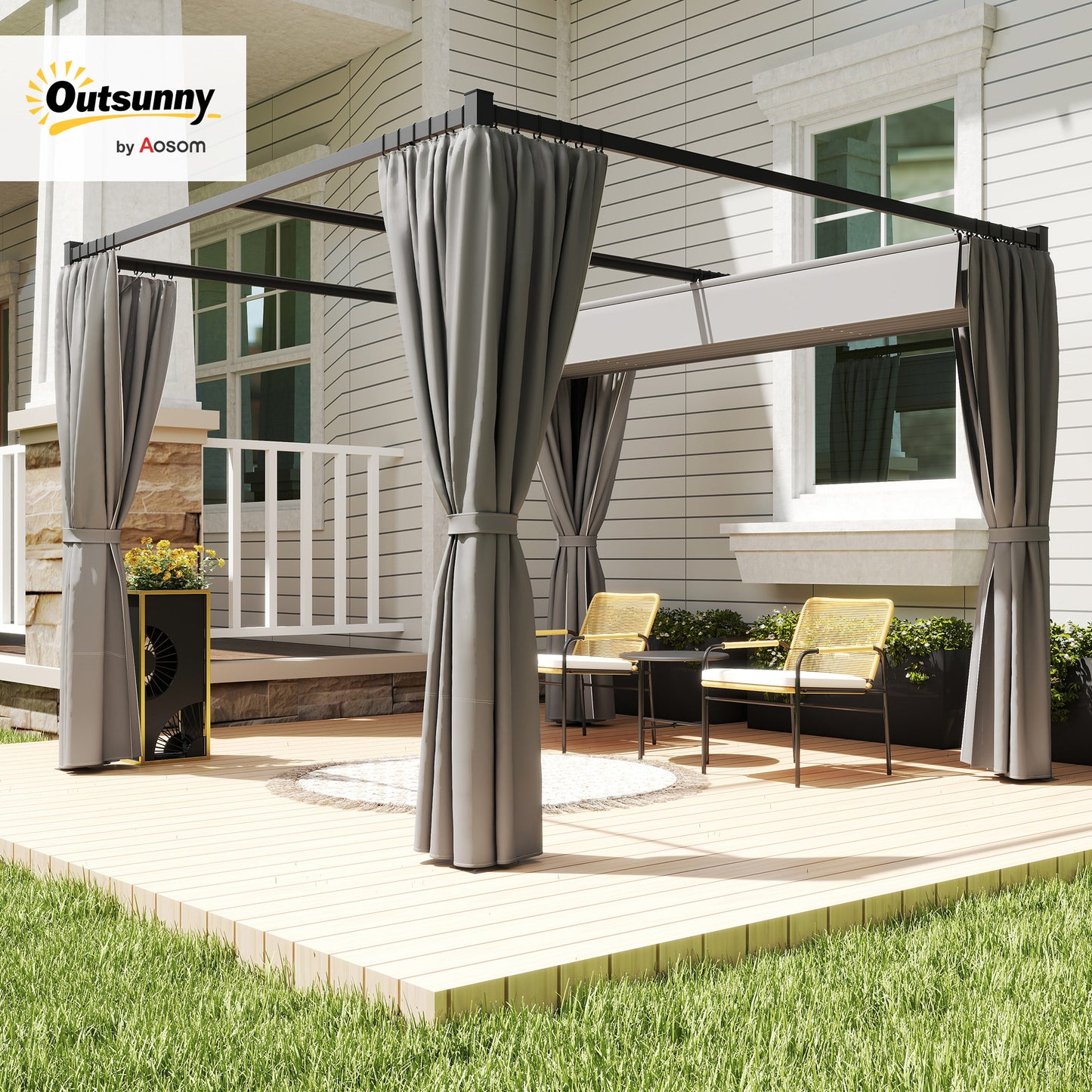 Outsunny 3 x 3(m) Pergola with Retractable Roof and Curtains, Light Grey