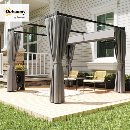 Outsunny 3 x 3(m) Pergola with Retractable Roof and Curtains, Light Grey