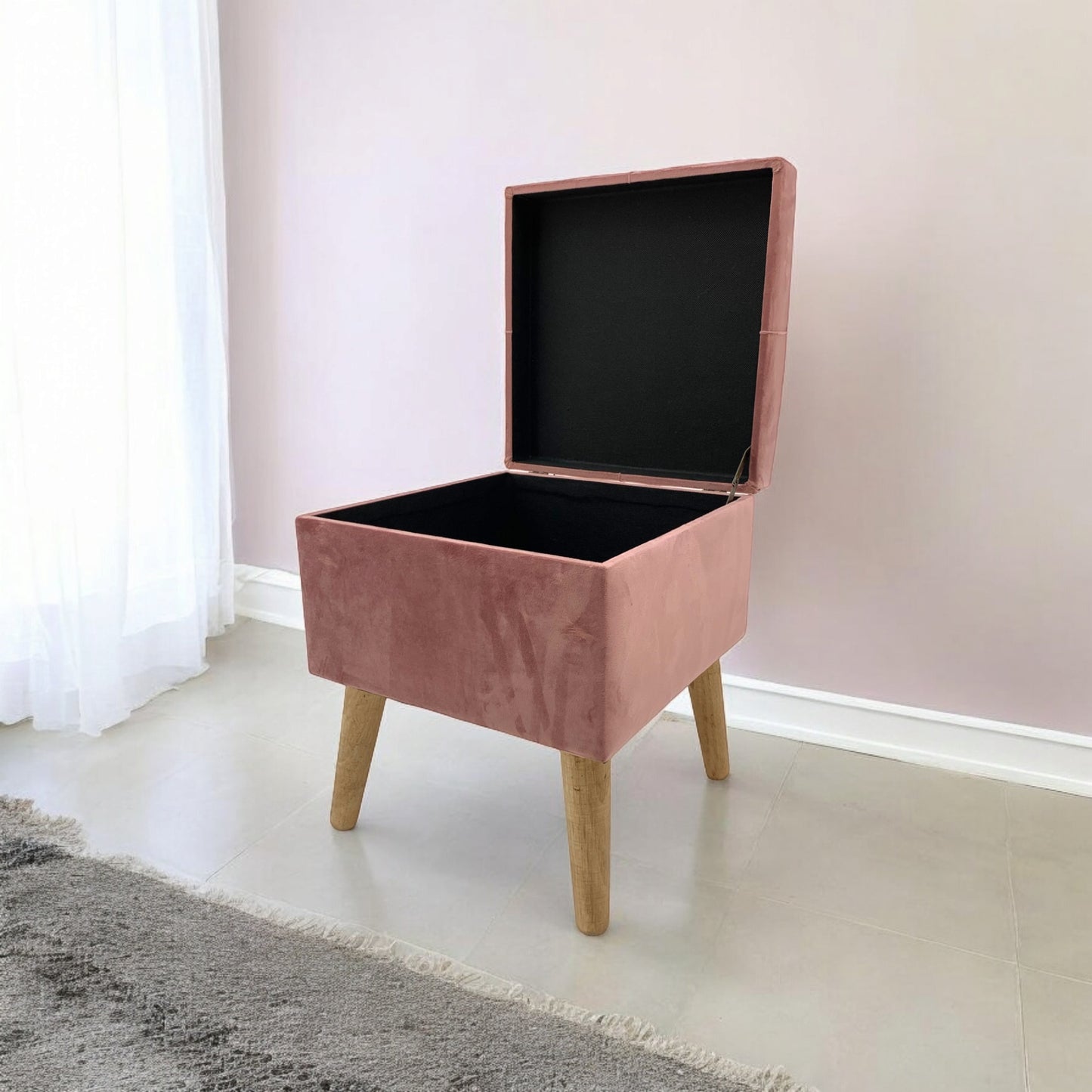 AcaciaHome Stylish & Durable Living Velvet Ottoman Footstool with Lift-Up Storage, Square Design, Traditional Pattern, Comfortable Medium Firmness for Living Room, Office or Lounge (Pink, Square)