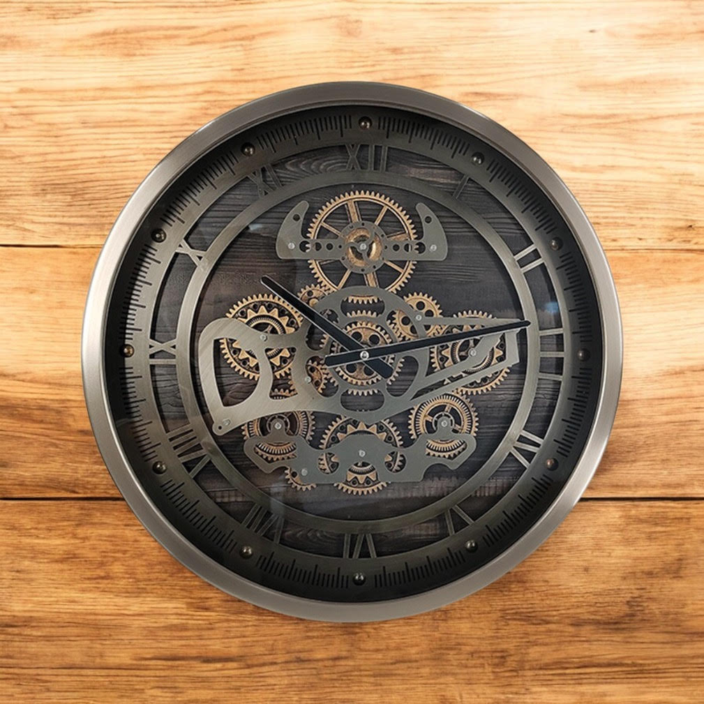 AcaciaHome Premium Moving Gears Wall Clock - Roman Numeral Display, Battery-Operated Quartz Movement Metal with Sleek Finish for Home, Lounge, or Dining Room (Round Black/Silver 46cm)