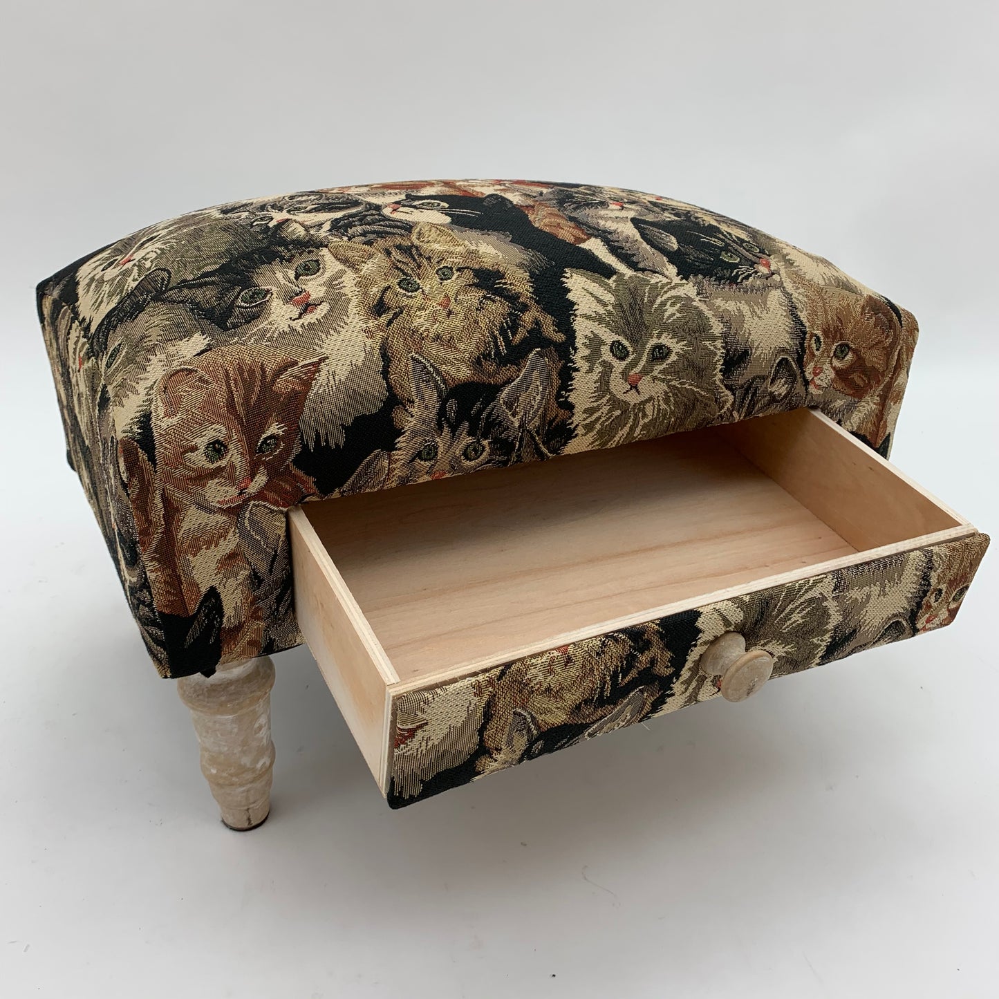 AcaciaHome Stylish & Durable Tapestry Deluxe Upholstered Ottoman Footstool with Drawer - Solid wood Lounge Padded Removable Legs Stool for Home, Bedroom, Living Space or Office (Cat Fabric)