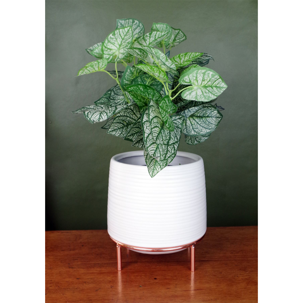 White Ceramic Planter Metal Stand Plant Pot