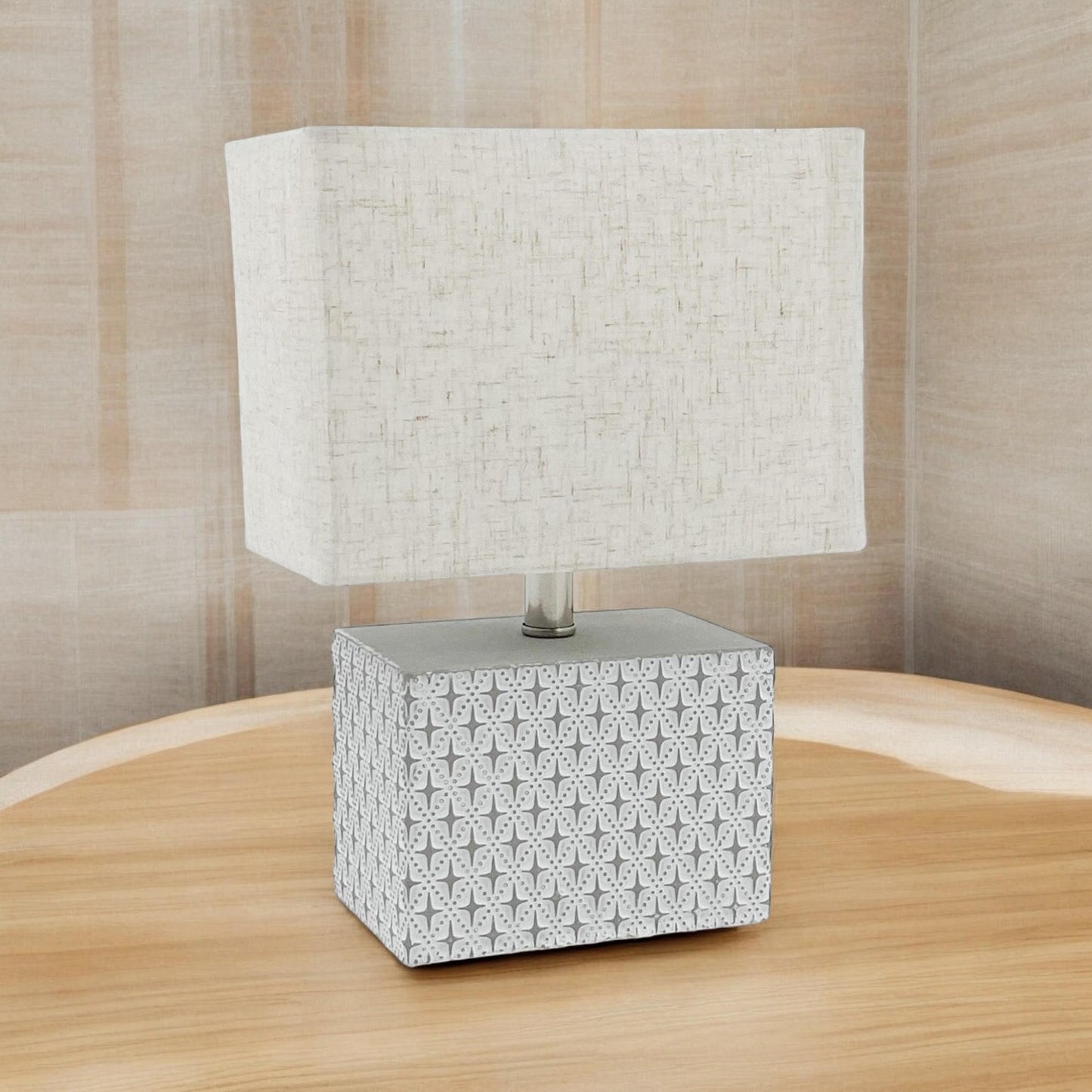 Stylish & Elegant Art Deco Cream-Grey Cement Table Lamp with Diamond Pattern & Off-white Fabric Energy Efficient Empire Shade for Bedroom, Office, Home Decor Lighting (Square -20cm-15cm-10cm)