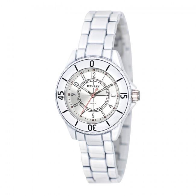 Henley Ladies Enamelled Round Case Silver sunray dial White Bracelet Watch H07241.4