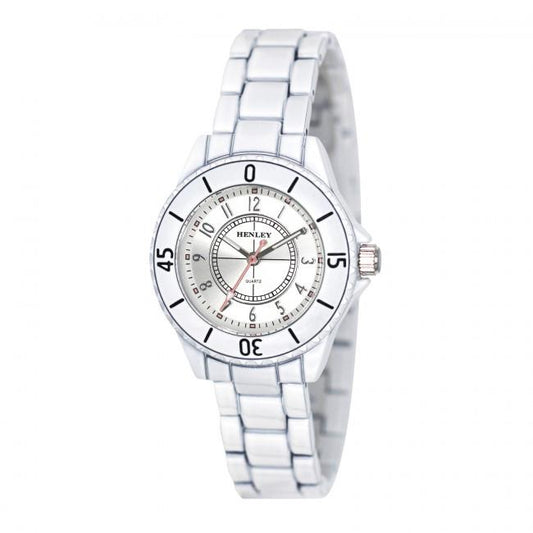 Henley Ladies Enamelled Round Case Silver sunray dial White Bracelet Watch H07241.4
