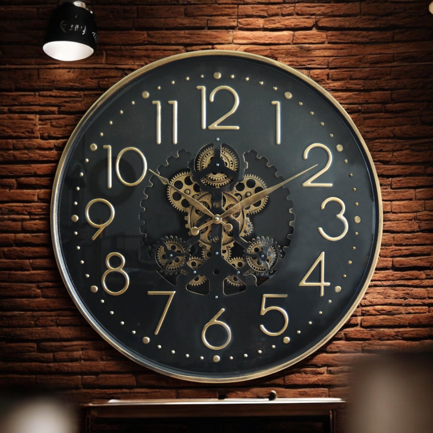 Stylish and Decorative 60cm Metal Gear Round Wall Clock - Industrial Design, Moving Gears, Battery-Operated Quartz Movement and Sophisticated Home Decor for Living Room or Office (1, Black & Gold)