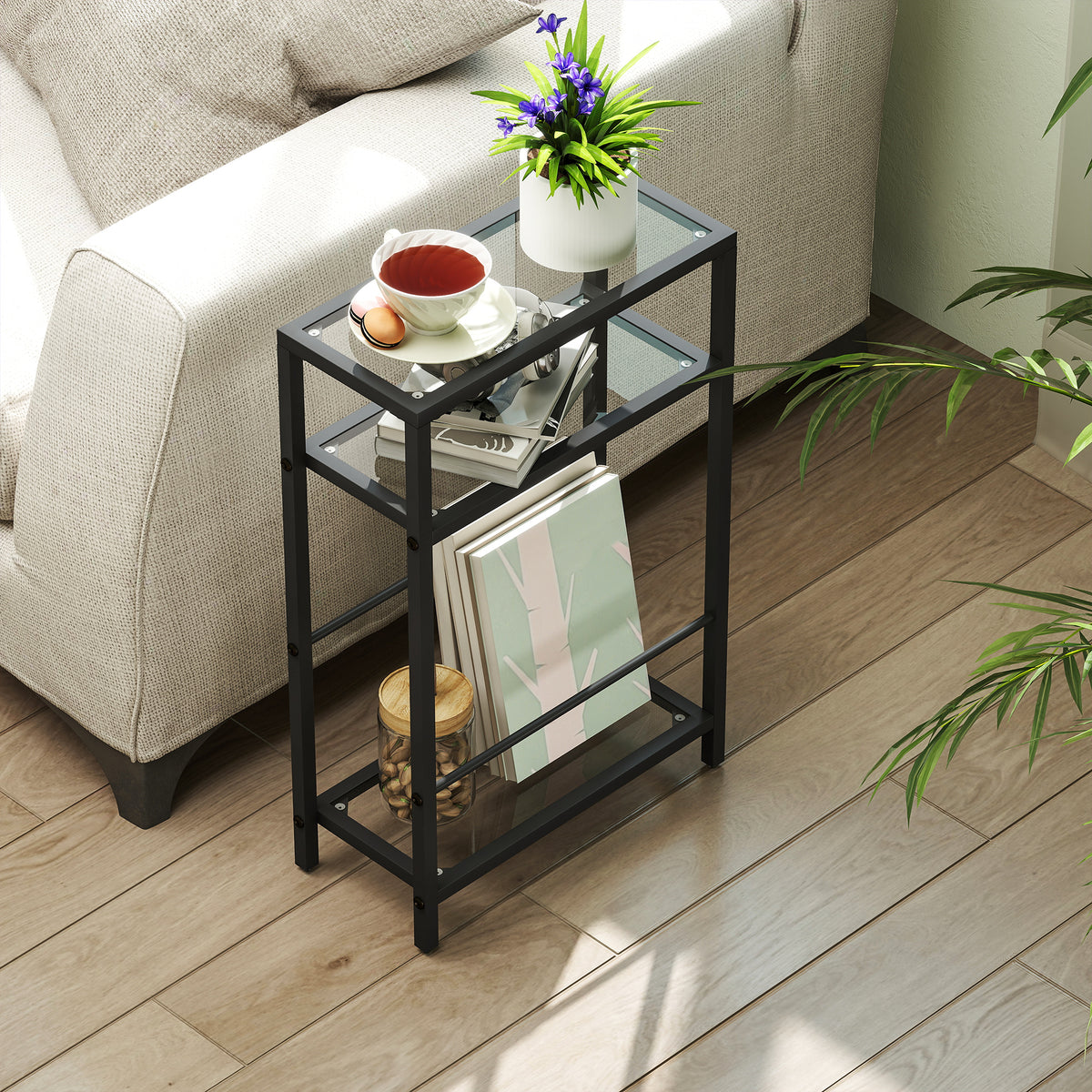 HOMCOM 3-Tier Side Table, Narrow End Table with Storage Shelf and Tempered Glass Tabletop for Small Spaces, Black