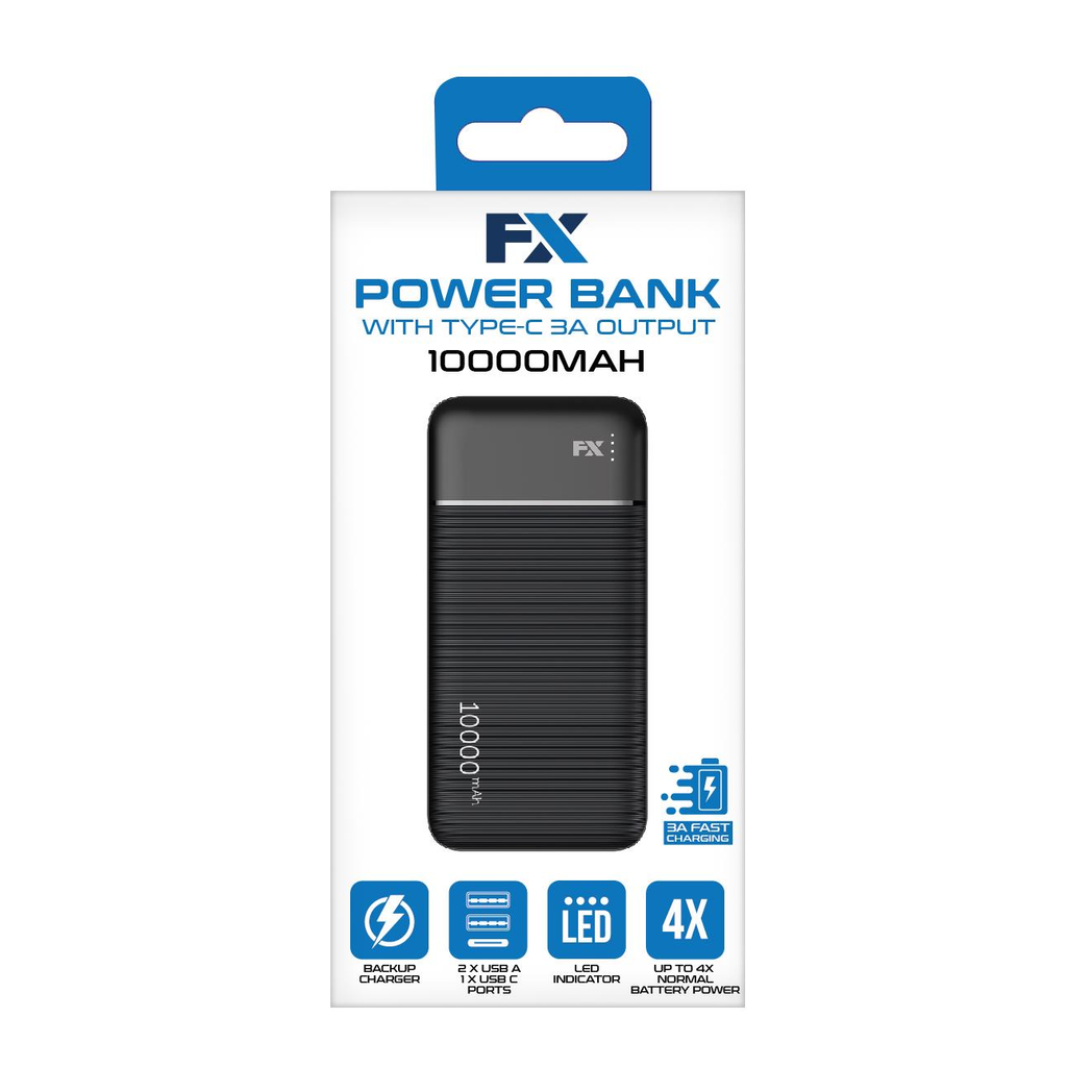 FX 10,000 mAh Powerbank with Type-C 3A Output, Black