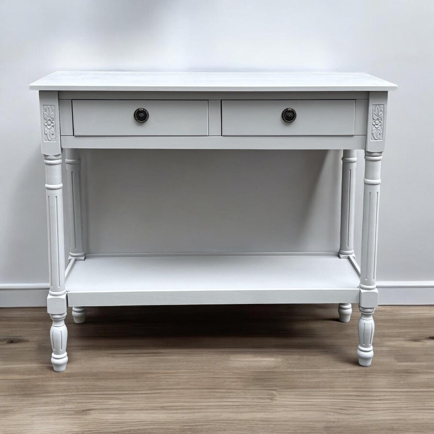 Modern and Stylish 2 Drawer Rectangular Console Table - Medium Wood Tone Finish for Sleek Hallway Side Table with Knob Handle Drawers for Home, Office, Bedrooms, or Living Spaces (Moonstruck Grey)