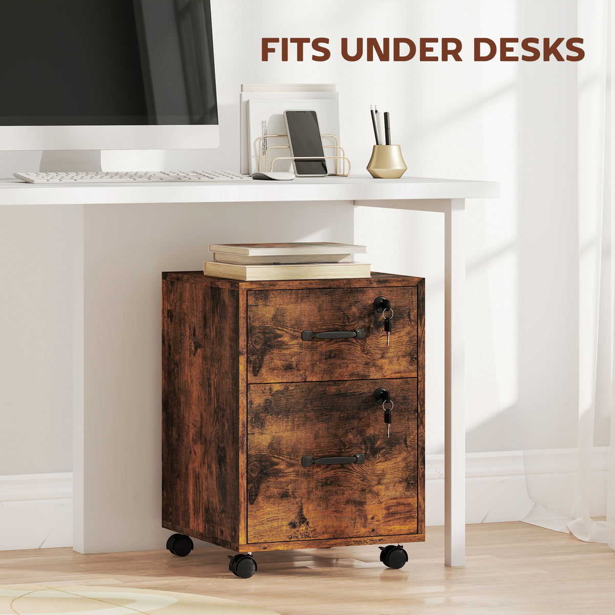 HOMCOM Rolling File Cabinet with 2 Drawers, Mobile Filing Cabinet with Hanging File Folder for Letter Sized Documents, Rustic Brown