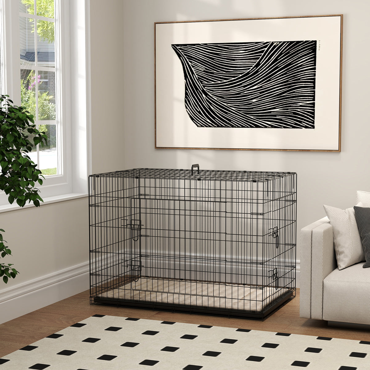 PawHut Foldable Dog Crate with 2 Doors with Tray, Soft Cushion, for Extra and Large Dogs, 106 x 71.5 x 76 cm, Black