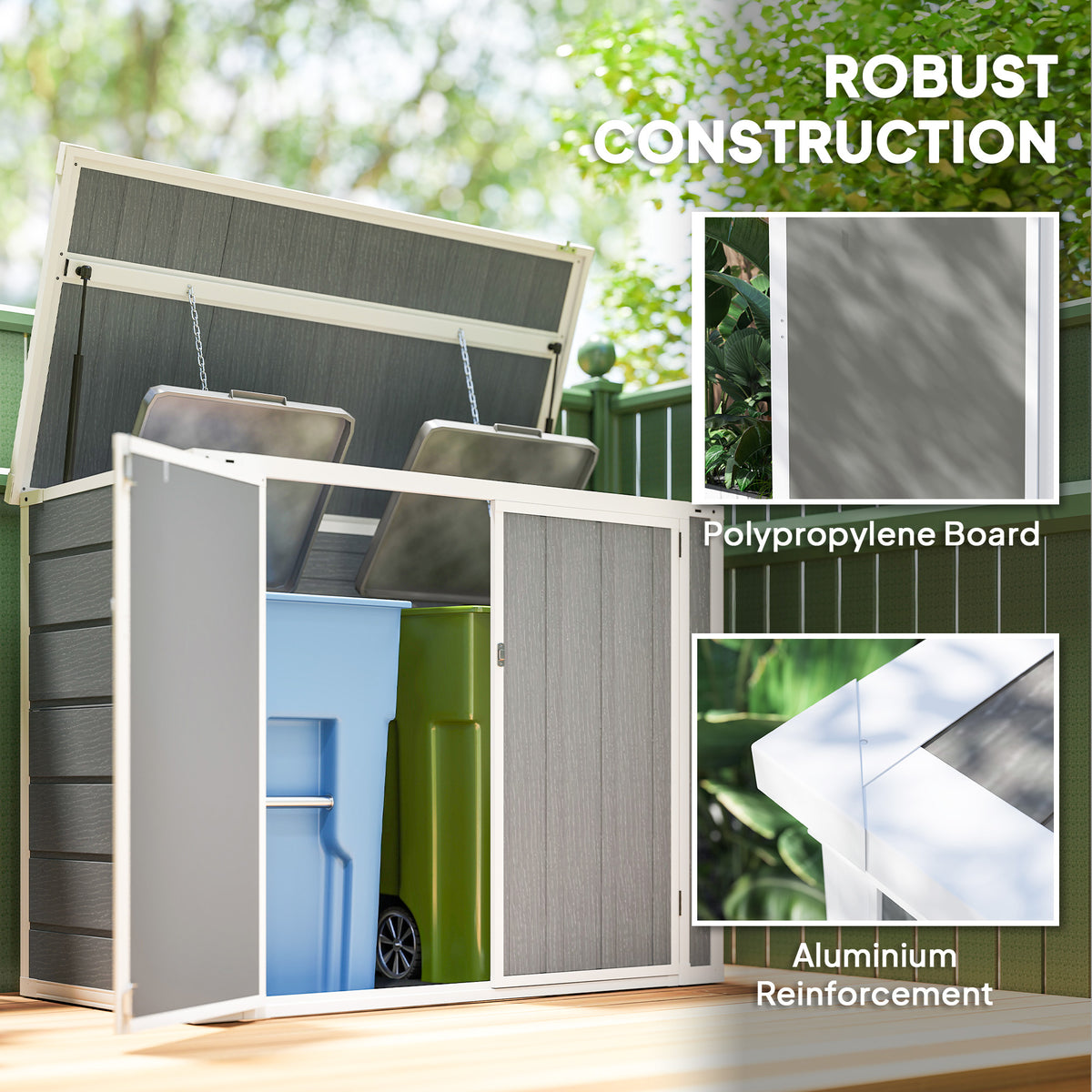 Outsunny 4.7 x 2.5FT Garden Shed, Double Bin Storage Shed with Lockable Doors, Outdoor Small Shed with Openable Lid for 2 Rubbish Bins, Garden Tools, Grey
