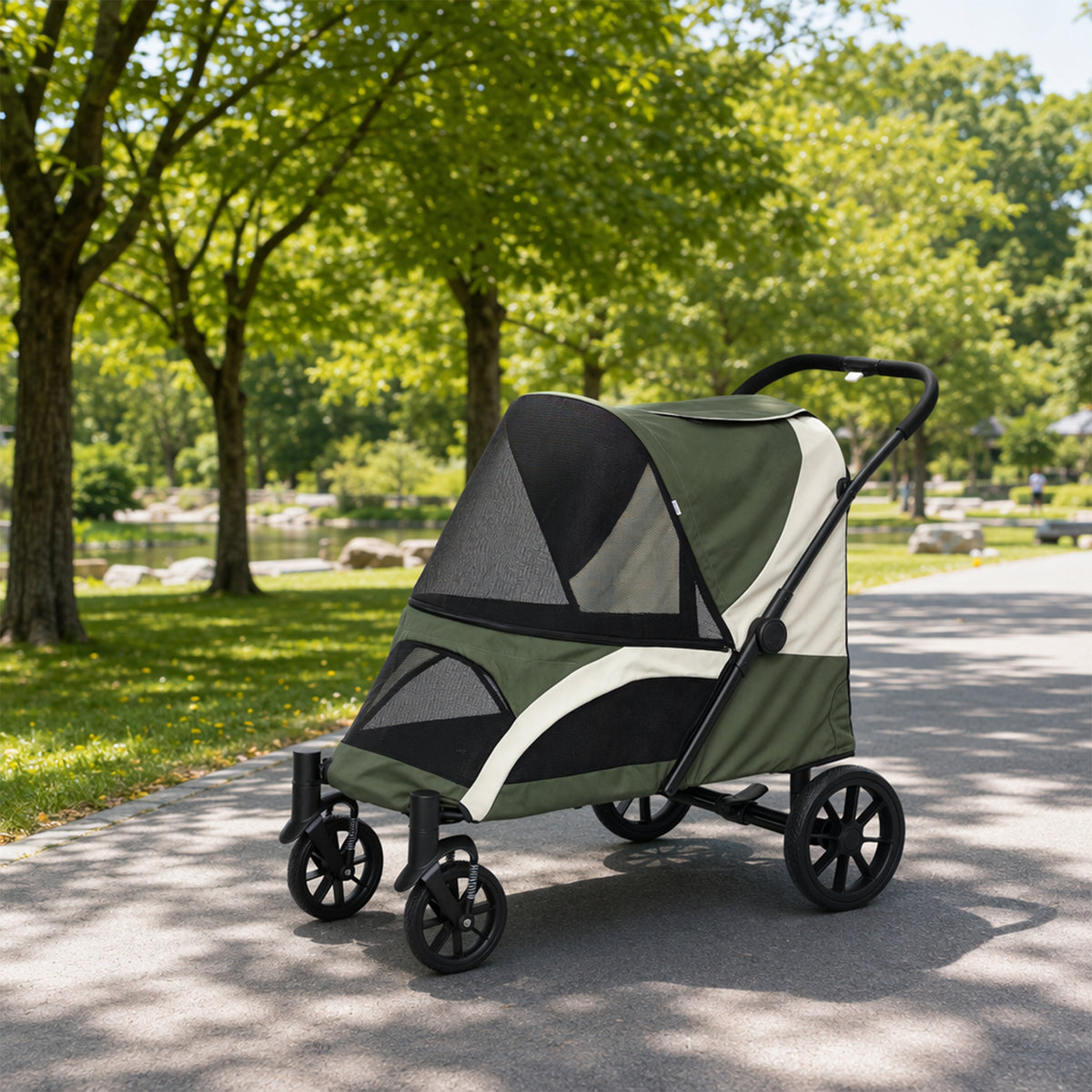 PawHut Foldable Pet Stroller for Medium Dogs with Four Big Wheels, Shock-Absorbing Frame, Safety Leashes, Brakes, Dark Green
