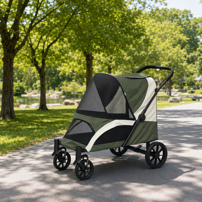 PawHut Foldable Pet Stroller for Medium Dogs with Four Big Wheels, Shock-Absorbing Frame, Safety Leashes, Brakes, Dark Green