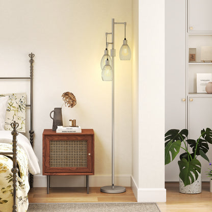 HOMCOM 3-Light Floor Lamp, 170cm Industrial Dimmable Standing Lamp with Steel Wire Cage Lampshades for Living Room, Bedroom, Dining Room, Study, Bulb Not Included, Silver Tone