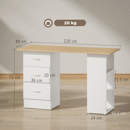 HOMCOM Computer Desk with Drawers, Home Office Desk, Writing Table, PC Workstation with 3 Storage Shelves for Working, Study, 120 x 49 x 72 cm, Natural Wood Finish and White