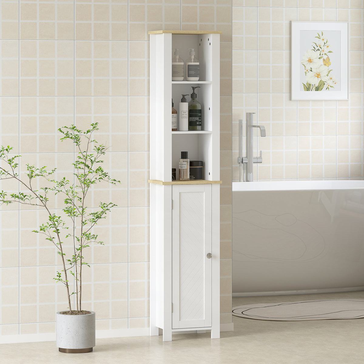 kleankin Slim Bathroom Storage Unit with Open Compartment, Bathroom Storage Cabinet with Adjustable Shelf, 34 x 23 x 165 cm, White