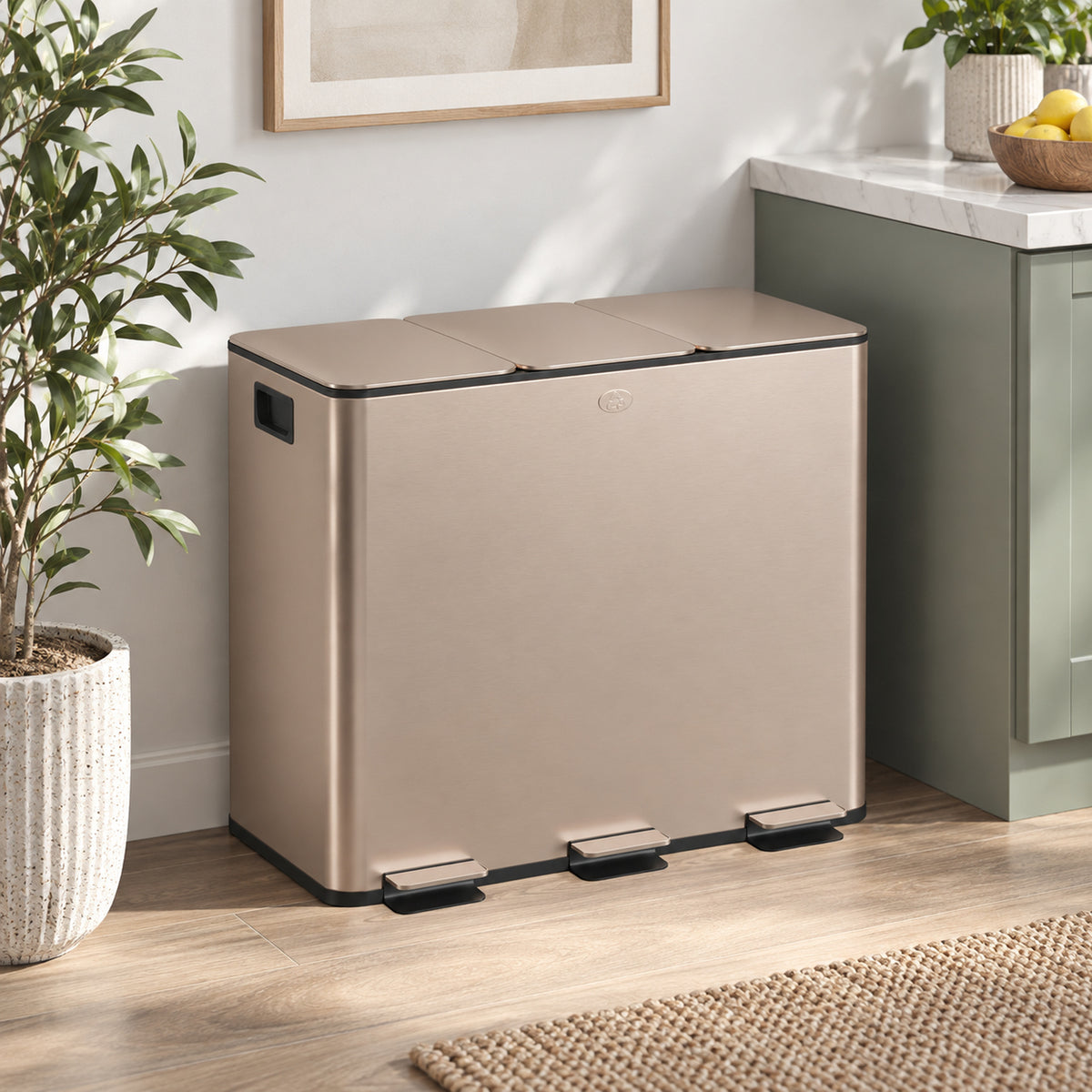 HOMCOM 45L Triple Compartment Stainless Steel Bin, with Deodoriser Holders - Gold Tone