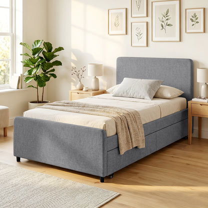 HOMCOM 3ft Single Bed Frame with Trundle, Upholstered Pull Out Trundle Bed with Headboard and Footboard, Dark Grey