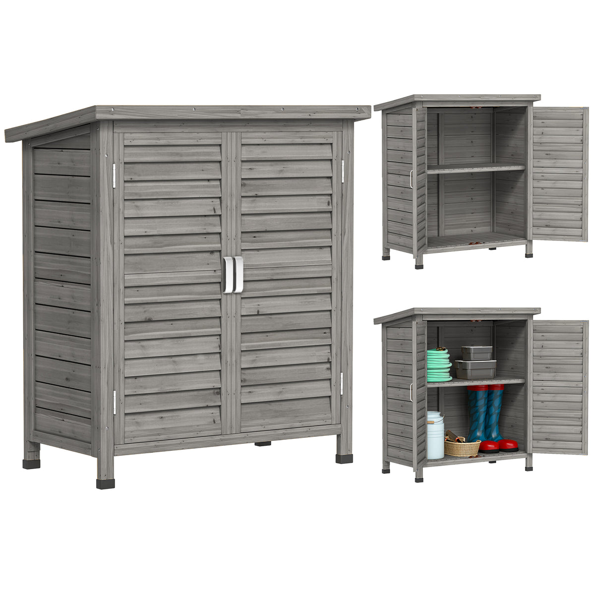 Outsunny Garden Shed Wooden Garden Storage Shed 2 Door Unit Solid Fir Wood Garage Tool Organisation Cabinet, 87L x 46.5W x 96.5Hcm, Grey