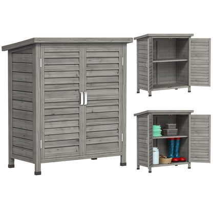 Outsunny Garden Shed Wooden Garden Storage Shed 2 Door Unit Solid Fir Wood Garage Tool Organisation Cabinet, 87L x 46.5W x 96.5Hcm, Grey
