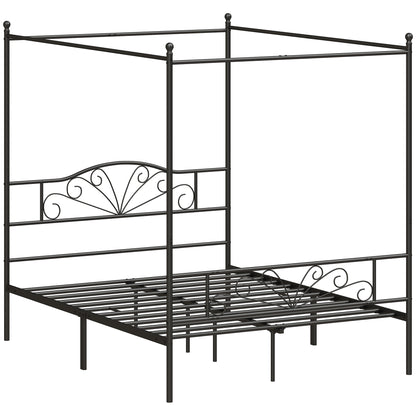 HOMCOM Canopy Bed Frame Double Size, Metal Platform Bed Frame with Headboard and Footboard, Underbed Storage, Black