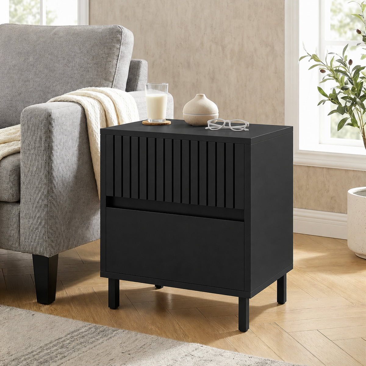 HOMCOM Bedside Cabinet, Bedside Table with 2 Drawers, Storage and Steel Legs for Bedroom, Living Room, Black
