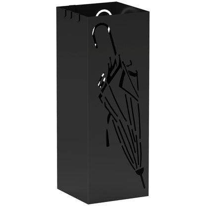 HOMCOM Metal Umbrella Stand, Square Umbrella Holder with 4 Hooks and Removable Drip Tray, Decorative Umbrella Storage Rack for Entryway, Hallway, 15.5 x 15.5 x 41 cm, Black