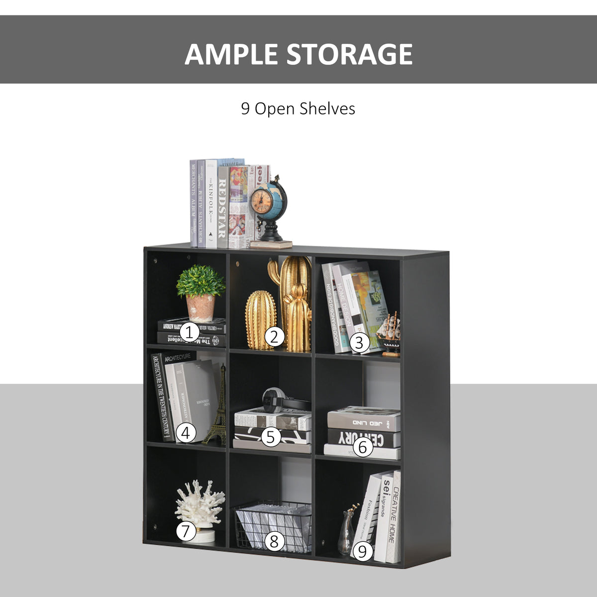 HOMCOM 3-tier 9 Cubes Storage Unit Particle Board Cupboard Bookcase Organiser Home Office Shelves, Black