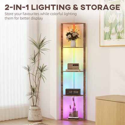 HOMCOM RGB Standing Lamp with Shelves, 4-Tier LED Floor Lamp with Multiple Lighting Modes, Rustic Brown