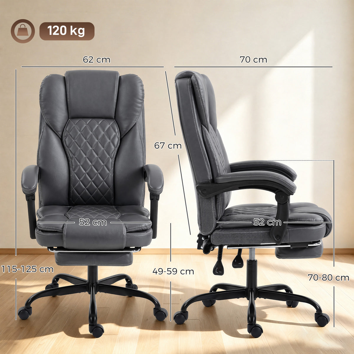 HOMCOM Executive Home Office Chair Reclining Function Footrest Computer Desk Chair High Back, Grey