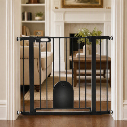 PawHut Dog Gate with Cat Flap Pet Safety Gate Barrier, Stair Pressure Fit, Auto Close, Double Locking, for Doorways, Hallways, 75-103 cm Black