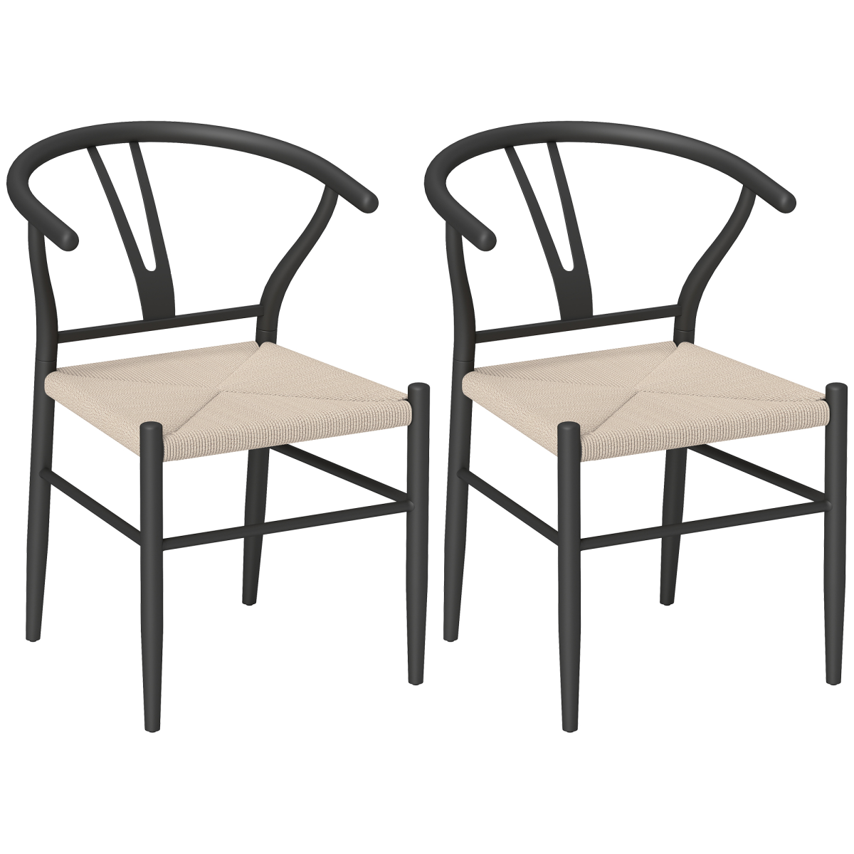 HOMCOM Weave Dining Chairs Set of 2 with Y-Shaped Backrest Hemp Seat Black