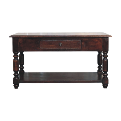 Artisan Furniture Solid Wood Turned Legs Cherry Console Table, 2 Drawers & 1 Open Slot, Dark Brown