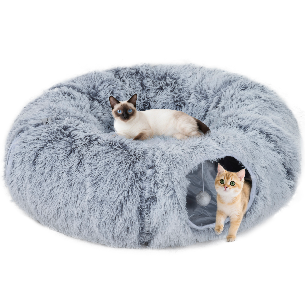 PawHut Donut Play Tunnel Bed with Washable Cushion and Toy Ball, Light Grey