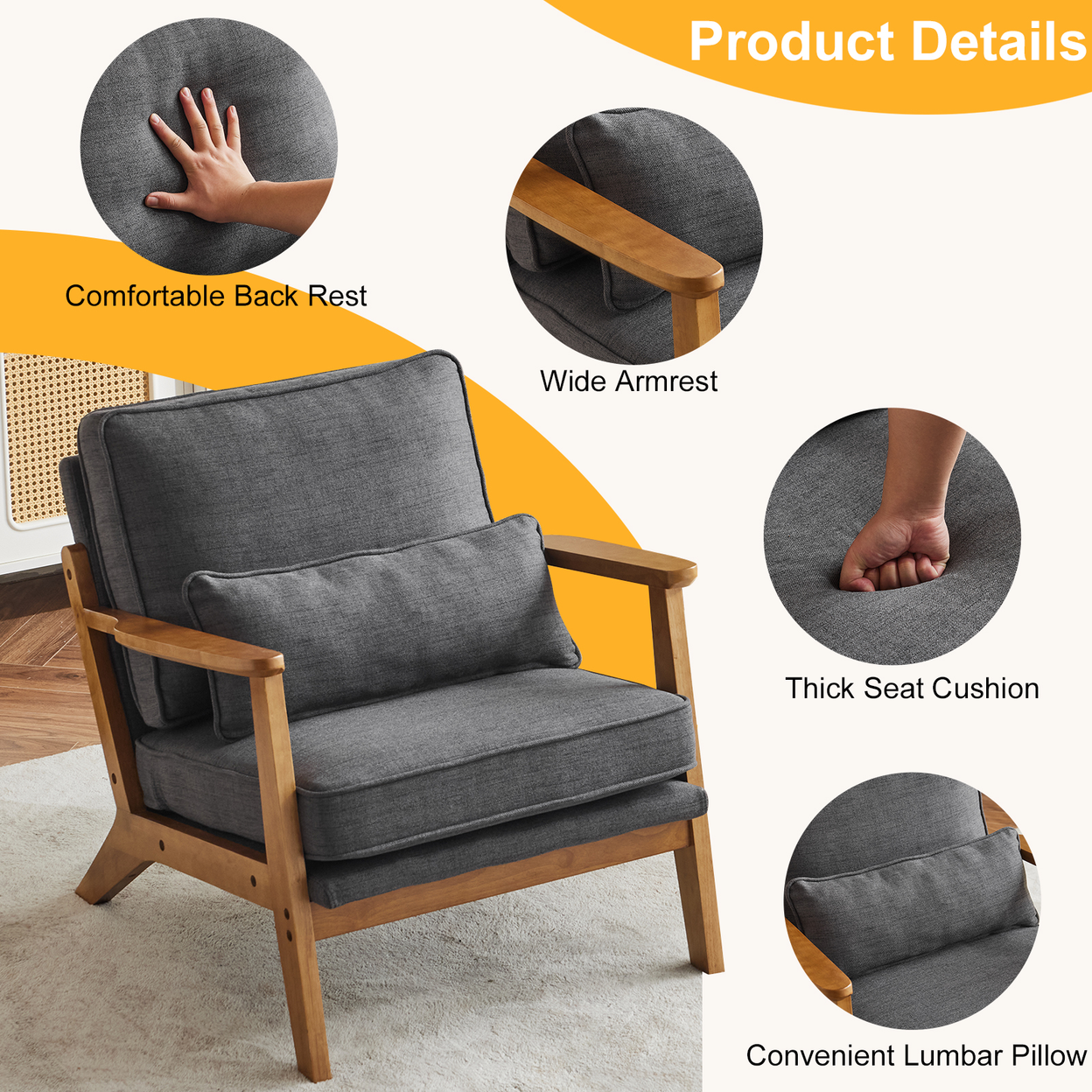 Mid-Century Oak Accent Chair - Linen-Cotton Dark Gray Upholstered Single Lounge Chair, Indoor Armchair with Sturdy Wood Frame (330LBS Weight Capacity)
