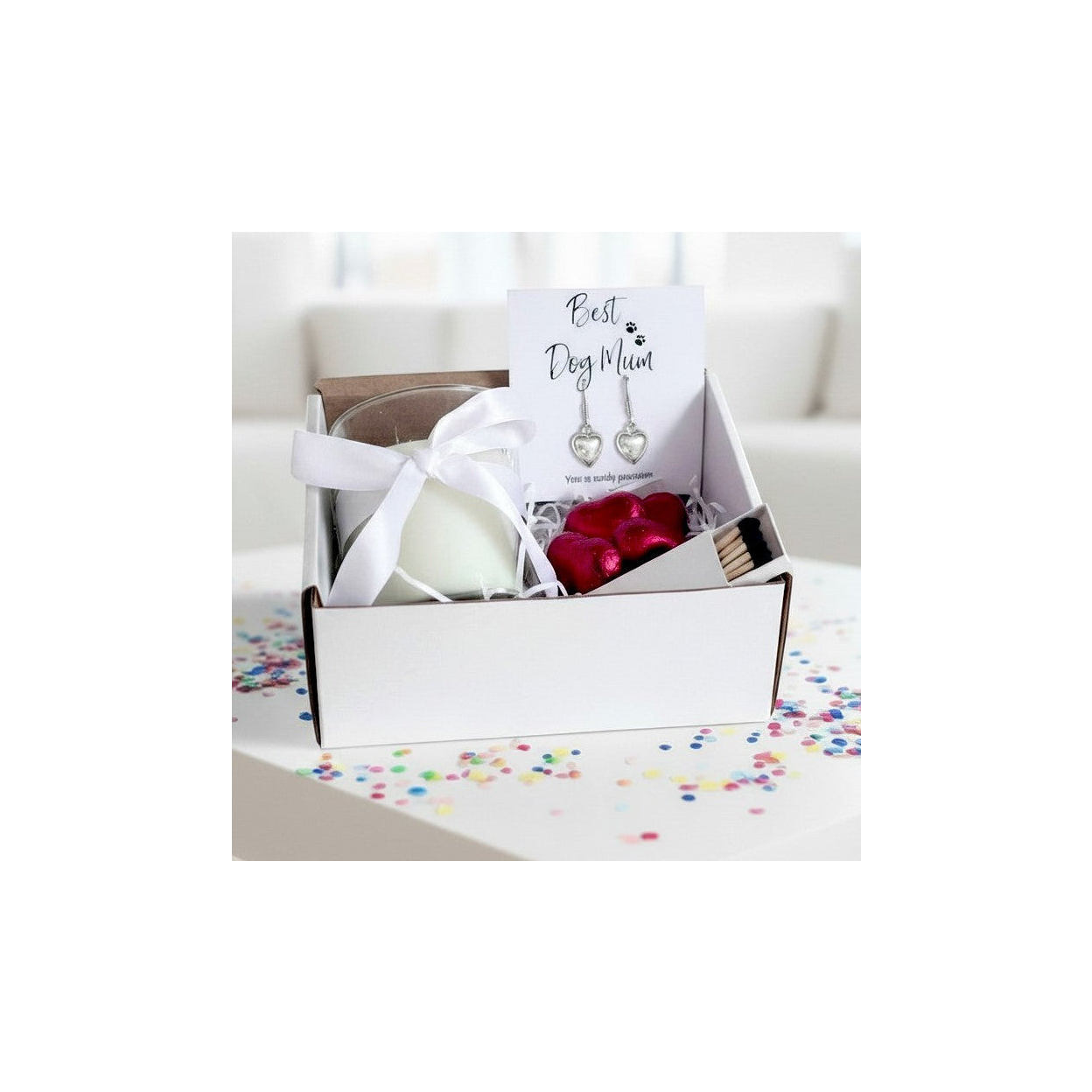 Small Best Dog Mum Gift Hamper Heart Earrings Chocolates & Candle