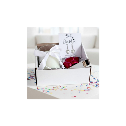 Small Best Dog Mum Gift Hamper Heart Earrings Chocolates & Candle