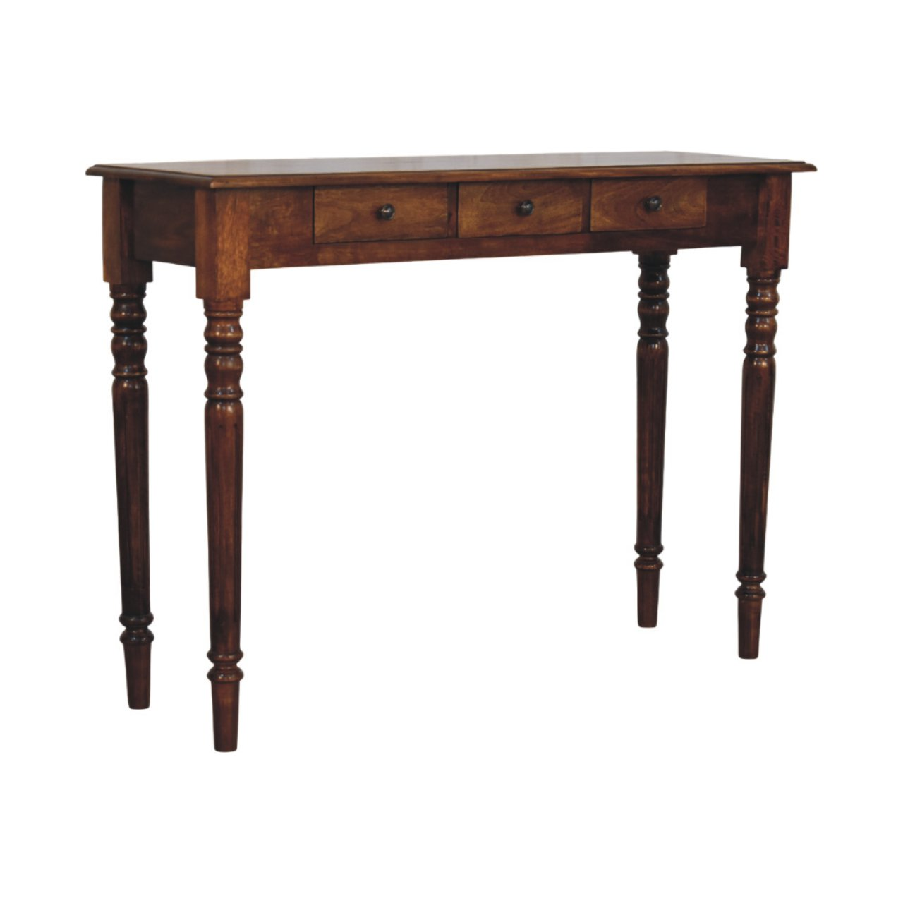 Artisan Furniture Solid Wood Turned Legs 3 Drawer Chestnut Console, Dark Brown