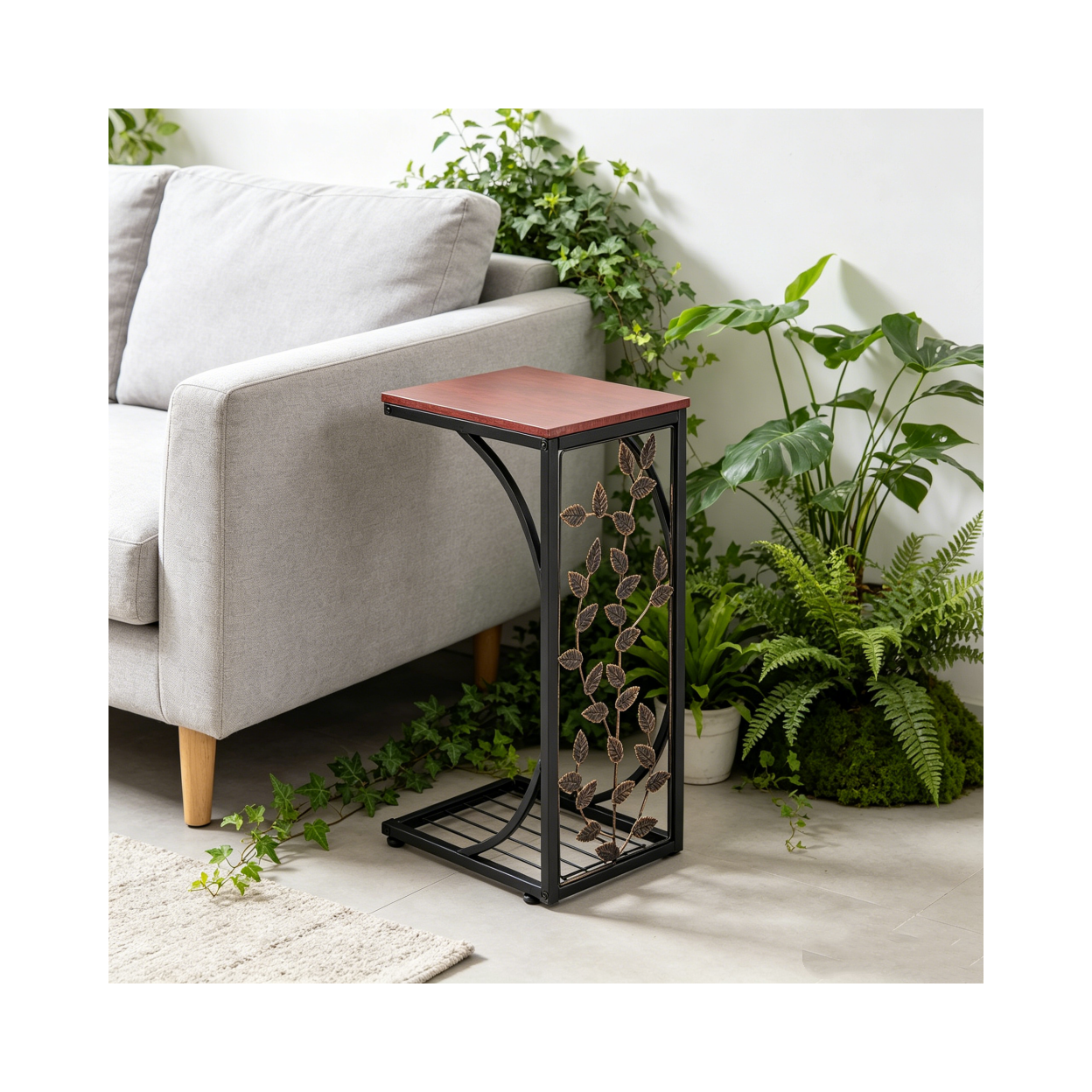 【Same Code：84356574】54*30.5*21CM Leaf Pattern Iron Side Table Coffee Table Brown
