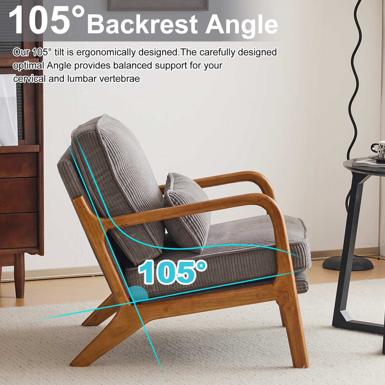 Low Arm Accent Chair - Light Gray Corduroy Upholstered Indoor Lounge Chair, Compact Single Seater with Sturdy Frame (330LBS Weight Capacity)