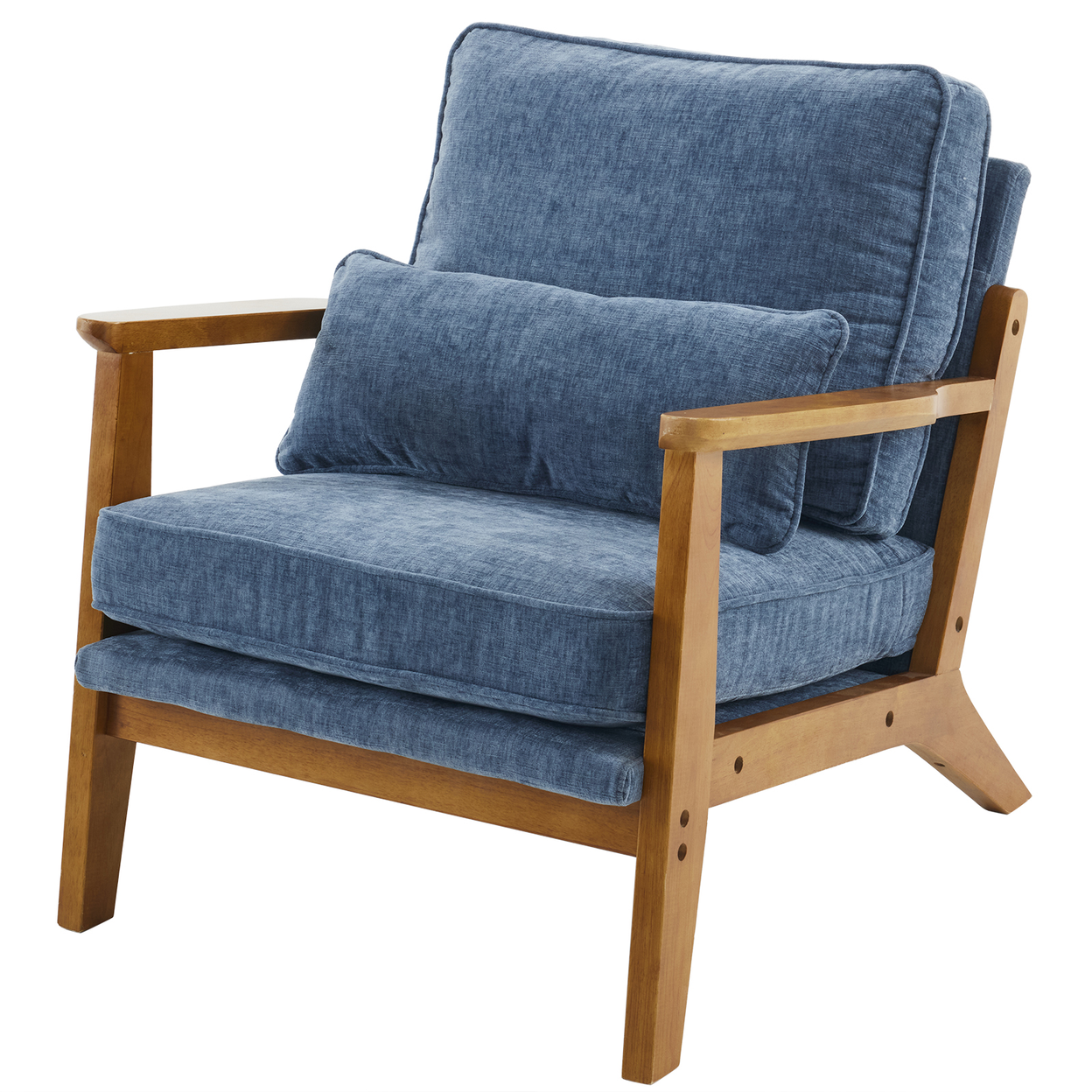 Mid-Century Oak Accent Chair - Deep Navy Blue Chenille Upholstered Single Lounge Chair, Sturdy Wood Frame Indoor Armchair (330LBS Weight Capacity)