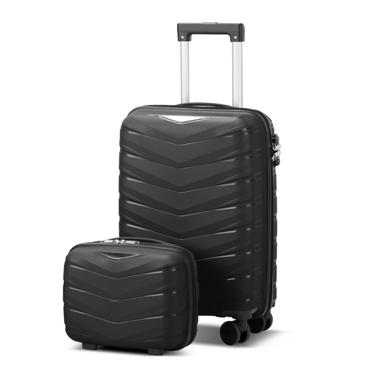 V-striped 2-piece suitcase with PP handbag PP trolley case 14in 20in PP iron trolley classic color - black grained pattern
