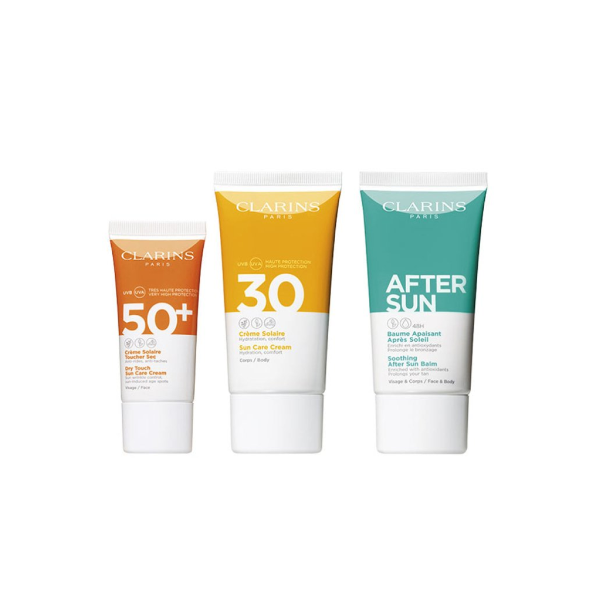 Clarins Essential Suncare Travel Set (Face SPF50 30ml  Body SPF30 75ml  After Sun Balm 75ml)