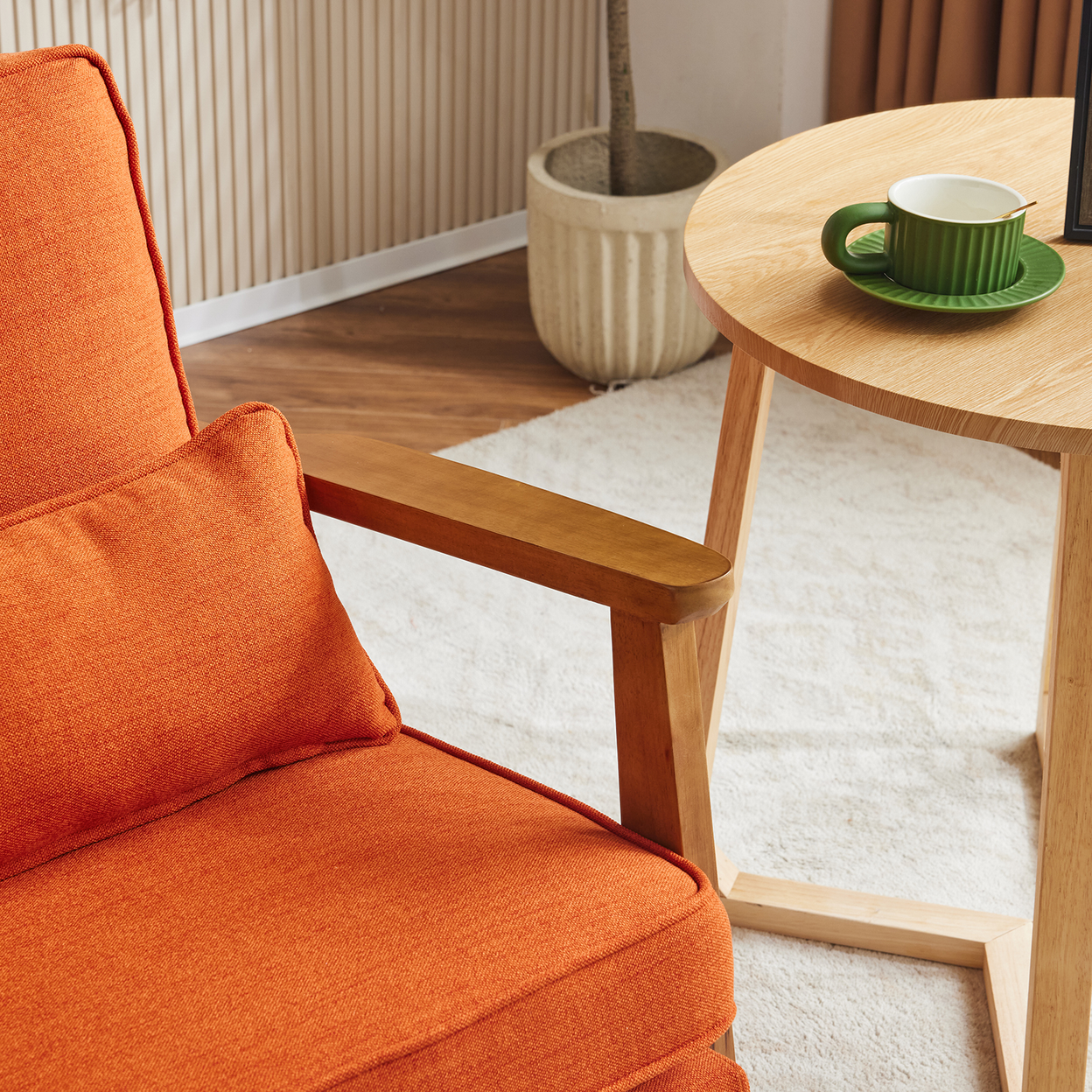Mid-Century Modern Accent Chair with Wooden Frame - Oak Armrest, Linen-Cotton Burnt Orange Upholstery, Single Seater Lounge Chair for Living Room (Weight Capacity 330LBS)