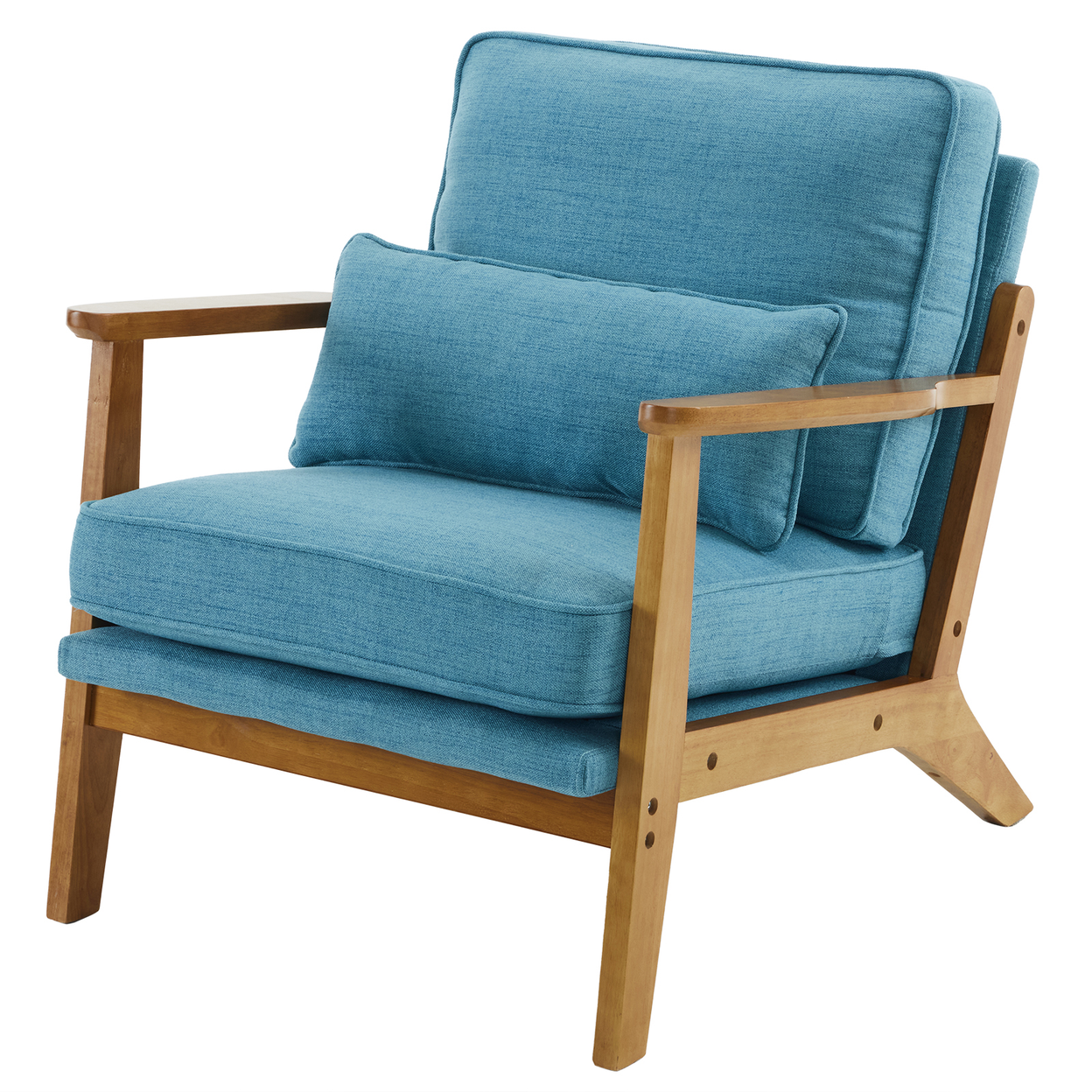 Mid-Century Oak Accent Chair - Linen-Cotton Navy Blue Upholstered Single Lounge Chair, Indoor Armchair with Sturdy Wood Frame (330LBS Weight Capacity)